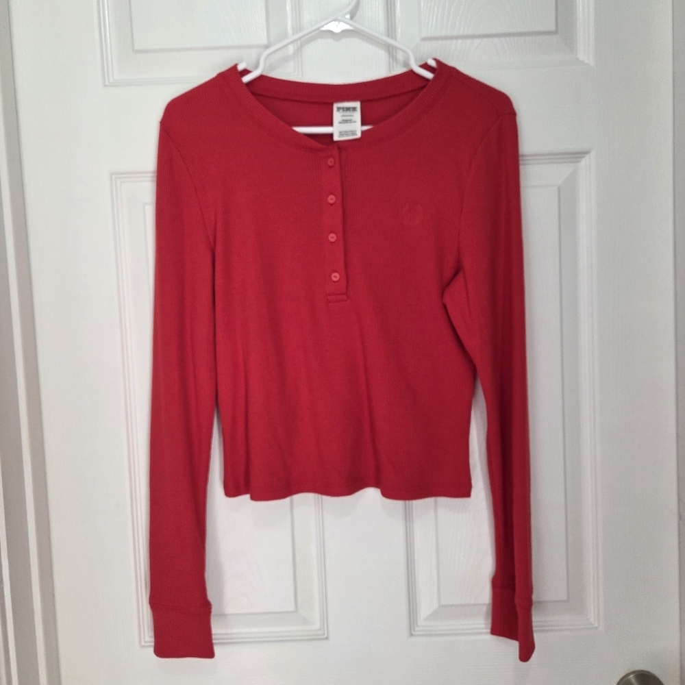 Pink Victoria's Secret Red Waffle Knit Long Sleeve Henley Top Size Large Fall